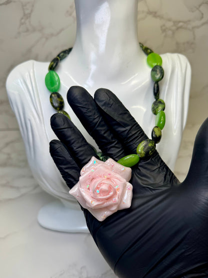 Aly Handmade Green Natural Stone Necklace with Pink Flower | Floral Pendant Jewelry | Made in USA