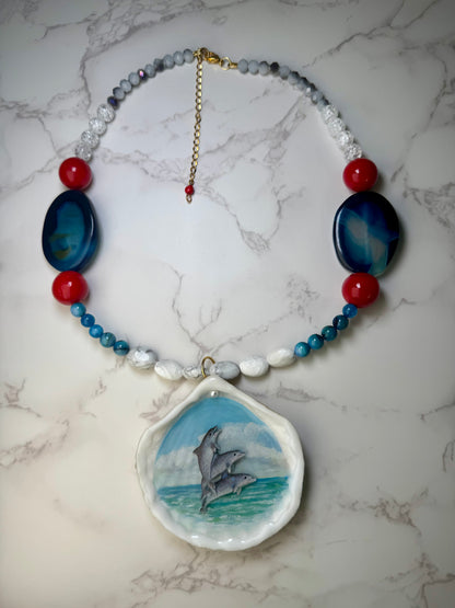 Three Dolphins Necklace Resin‑Encased Handmade Trio of Dolphins Necklace Encapsulated in Real Shell with UV Resin on Fine Colored Crystal Beads