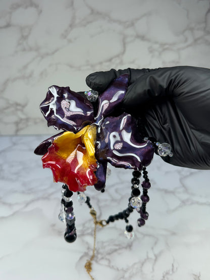 Midnight Cattleya Radiance Golden & Dark Purple Cattleya Orchid Necklace – Black Crystal Beads with Clear Crystal Accents