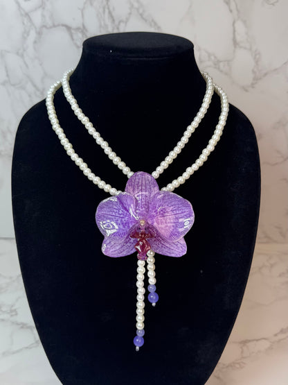 Purple Real Orchid Necklace | Handmade Flower Jewelry | Botanical Statement Pendant