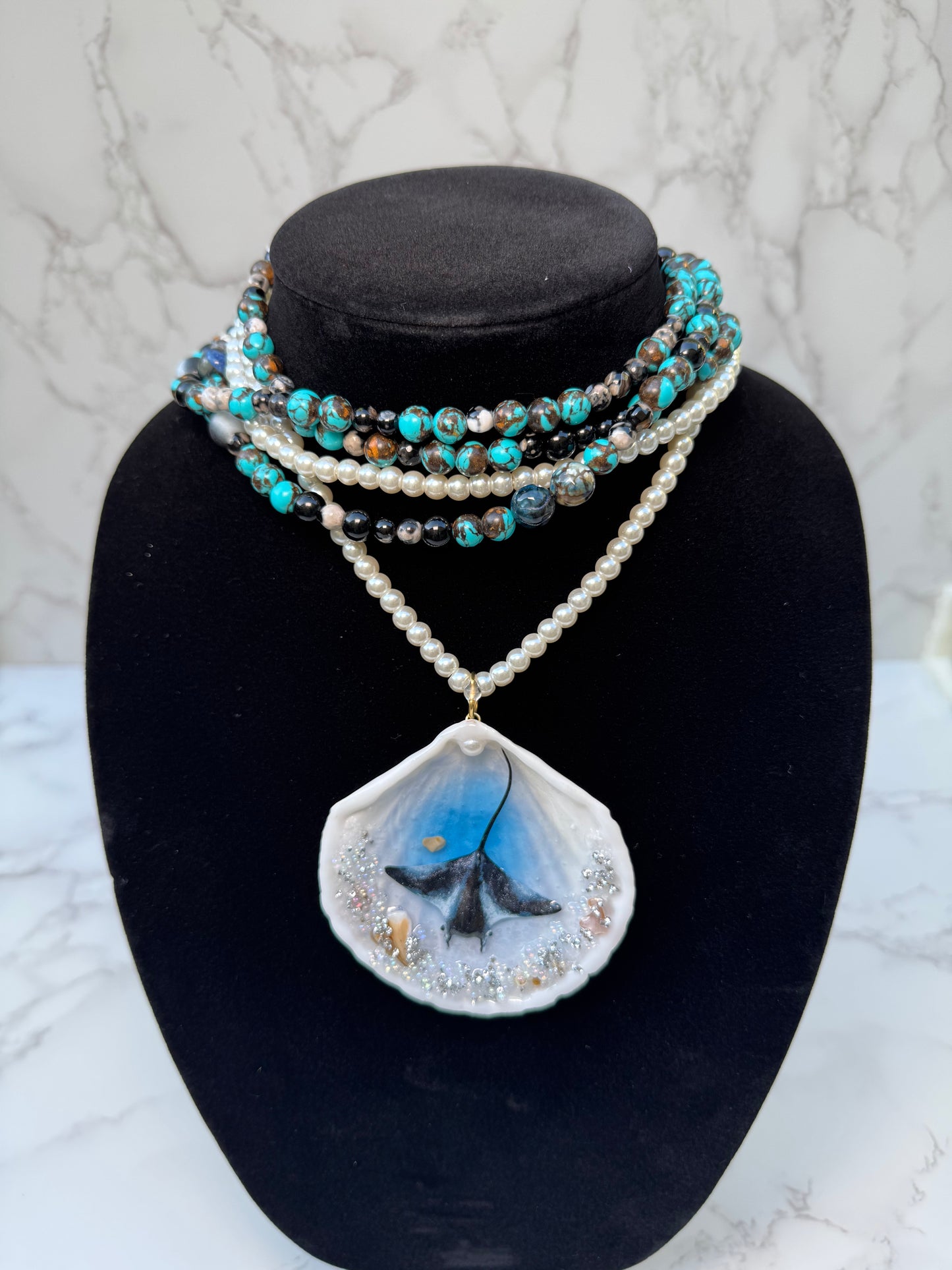 Velarion– LIMITED EDITION – NYFW EXHIBITION PIECE Handmade Natural Seashell Necklace with Giant Dark Manta Ray, Crystal and Stone Ocean Background, Translucent Black Marbled Glass Beads and Crystal Pearls