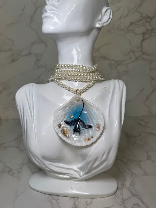 Manta Esmeralda Handmade Manta Ray Necklace Encapsulated in Real Shell with UV Resin on Pearl Strand