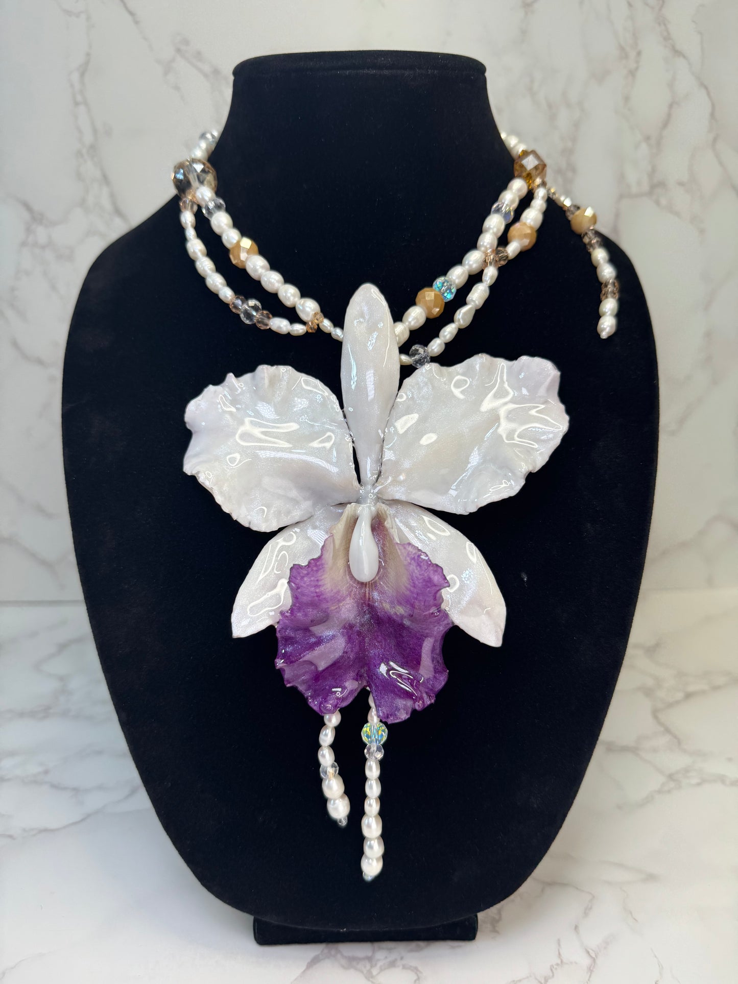 Real Cattleya Orchid Crystal Necklace | Handmade Flower Jewelry | Botanical Statement Pendant