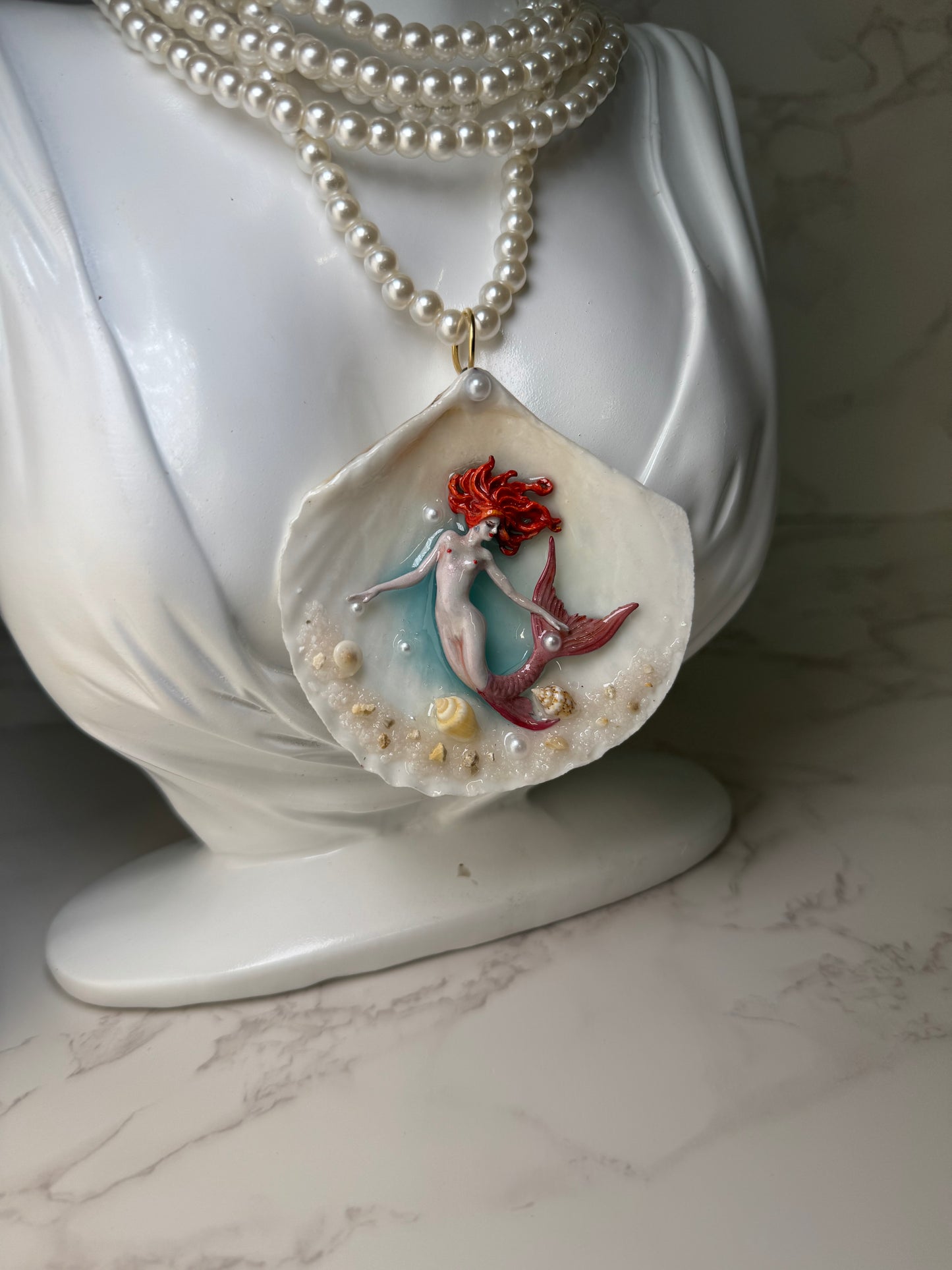 Autumn Blush Tail Mermaid Sea Shell Necklace – Mermaid in Shell with UV Resin