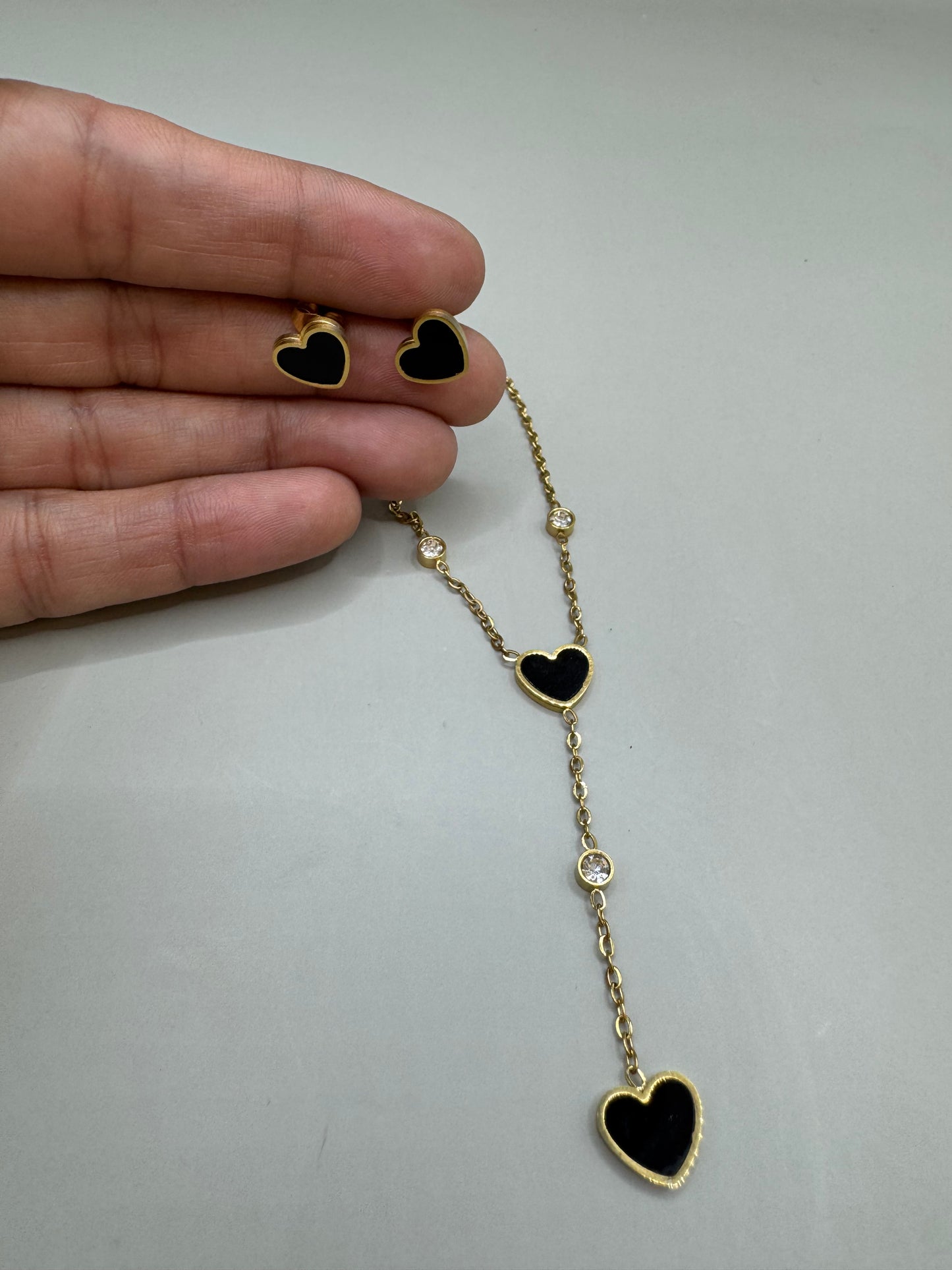 18K Gold Plated Stainless Steel Heart Lariat Necklace & Stud Earrings, Black Jewelry Set