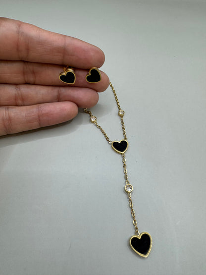 18K Gold Plated Stainless Steel Heart Lariat Necklace & Stud Earrings, Black Jewelry Set