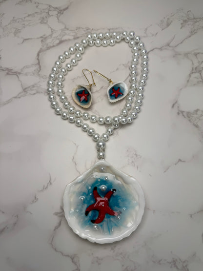 Set Beautiful Red  Handmade Red Starfish Necklace with Black Tips Encapsulated in Real Shell with UV Resin