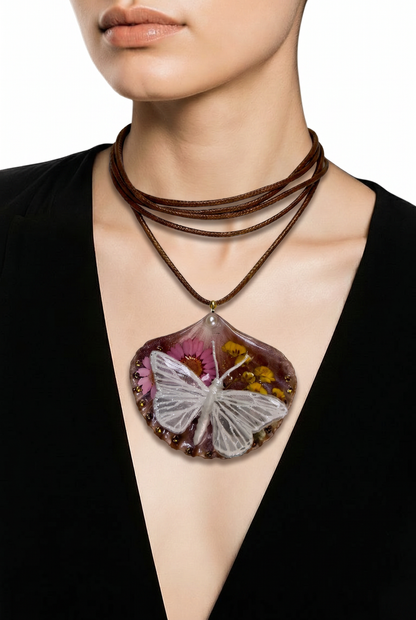 Ala Marina Natural Seashell Synthetic Butterfly Necklace | Handmade Coastal Jewelry | UV Resin Ocean Art
