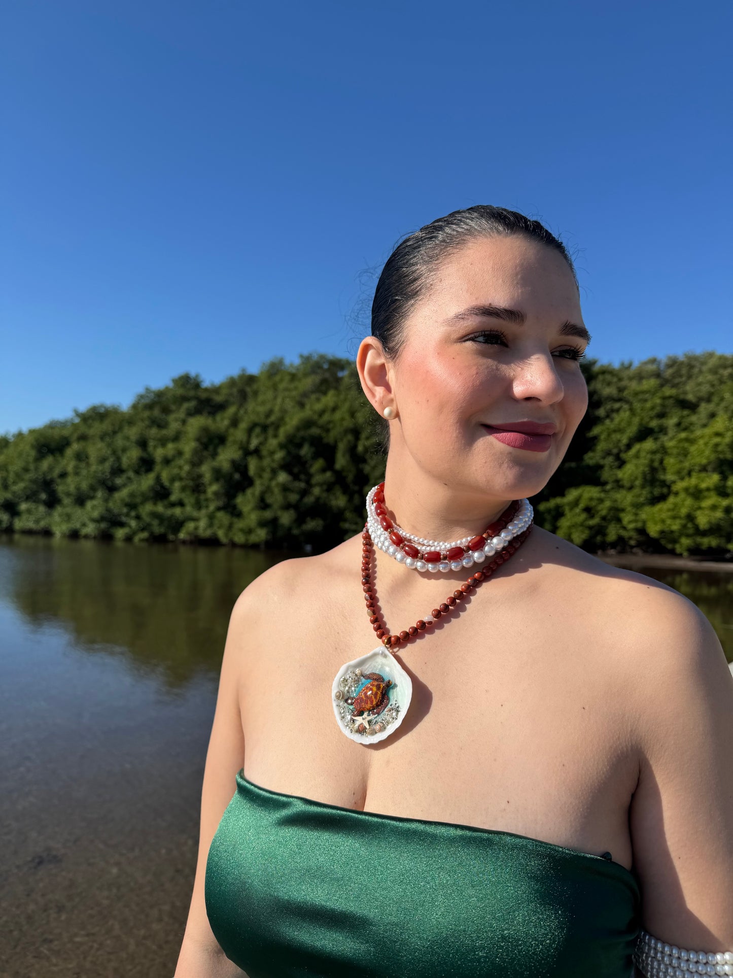 Tyrionis – LIMITED EDITION – NYFW EXHIBITION PIECE Handmade Natural Seashell Necklace with Handcrafted Brown Sea Turtle, Natural Sand, Starfish and Shell Accents, Brown, Red & Crimson Glass Beads and Crystal Pearls