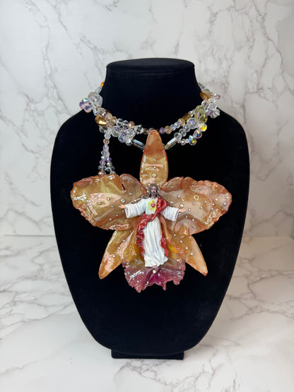 Handmade Jesus Figure Resin UV|Orange Real Cattleya Orchid Necklace