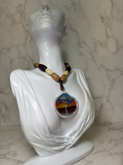 Beautiful Single Dolphin Necklace Handmade Dolphin Necklace Over Painted Ocean Sunset Encapsulated in Real Shell with UV Resin on Leather Cord