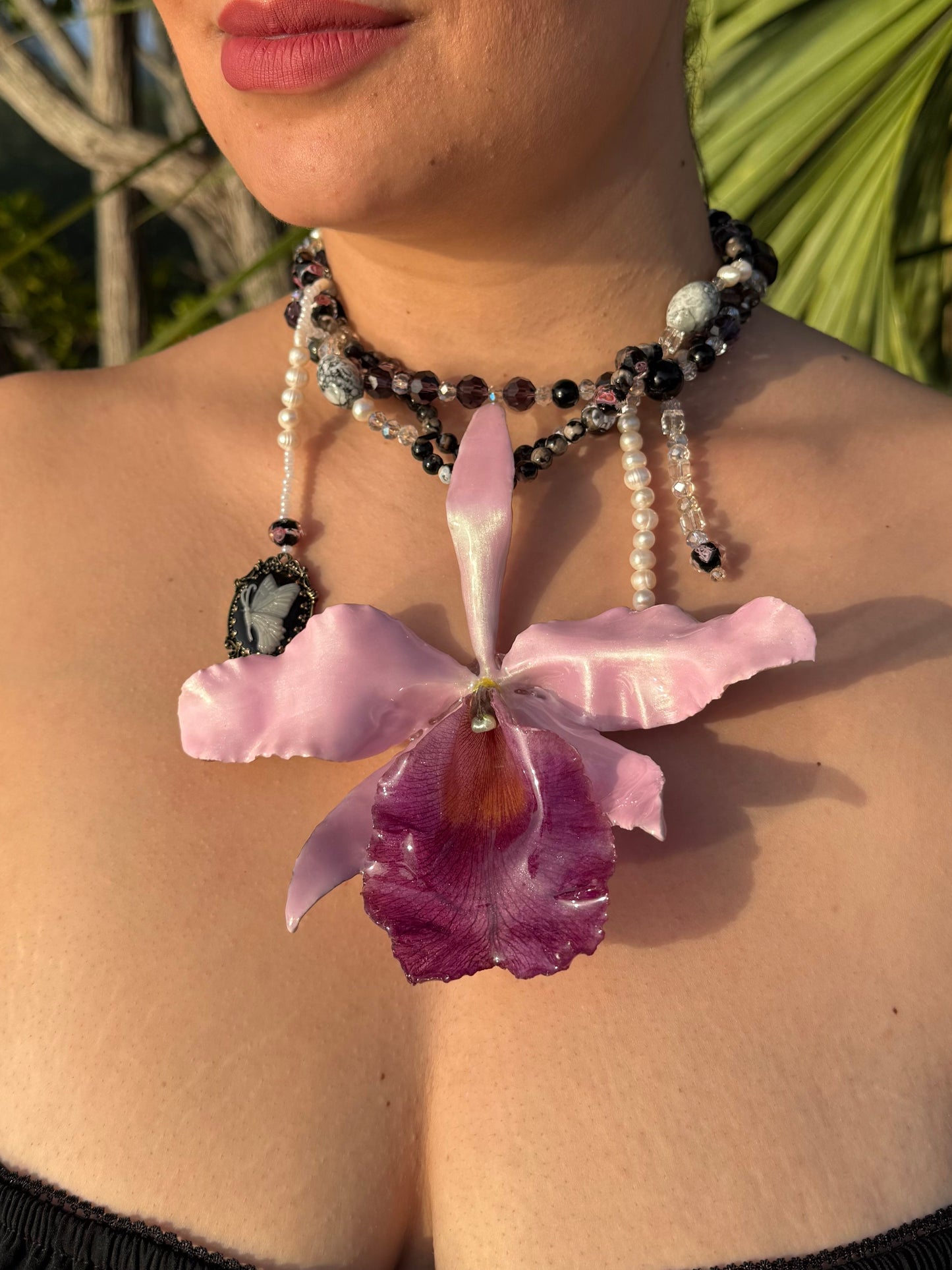 Royal Blush Cattleya Elegance Large Purple Cattleya Orchid Necklace – Iridescent Petals, Freshwater Pearls & Butterfly Accent