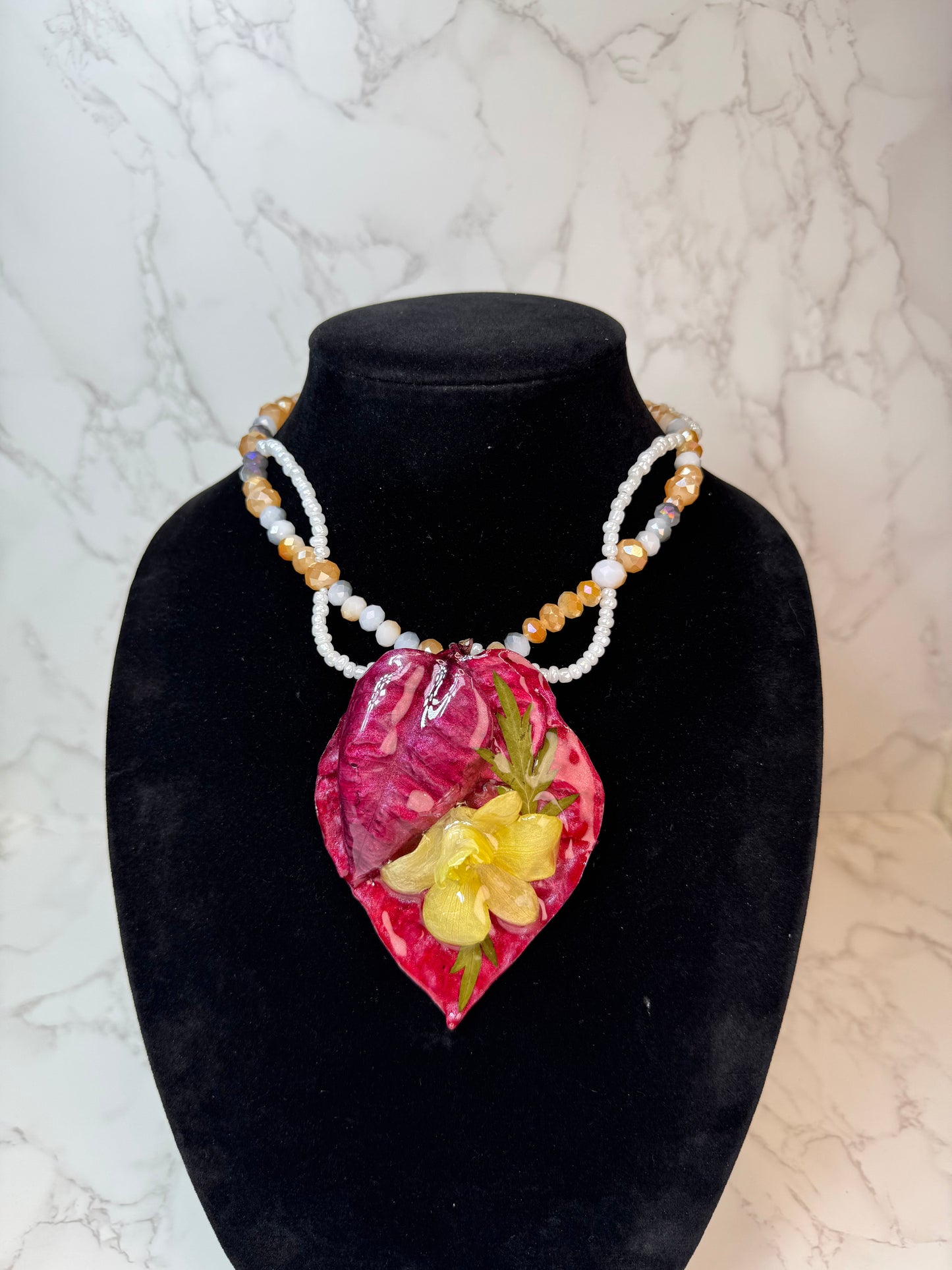 Alba Real Preserved Orchids & Plumeria Necklace| Handmade Botanical Jewelry | Floral Art