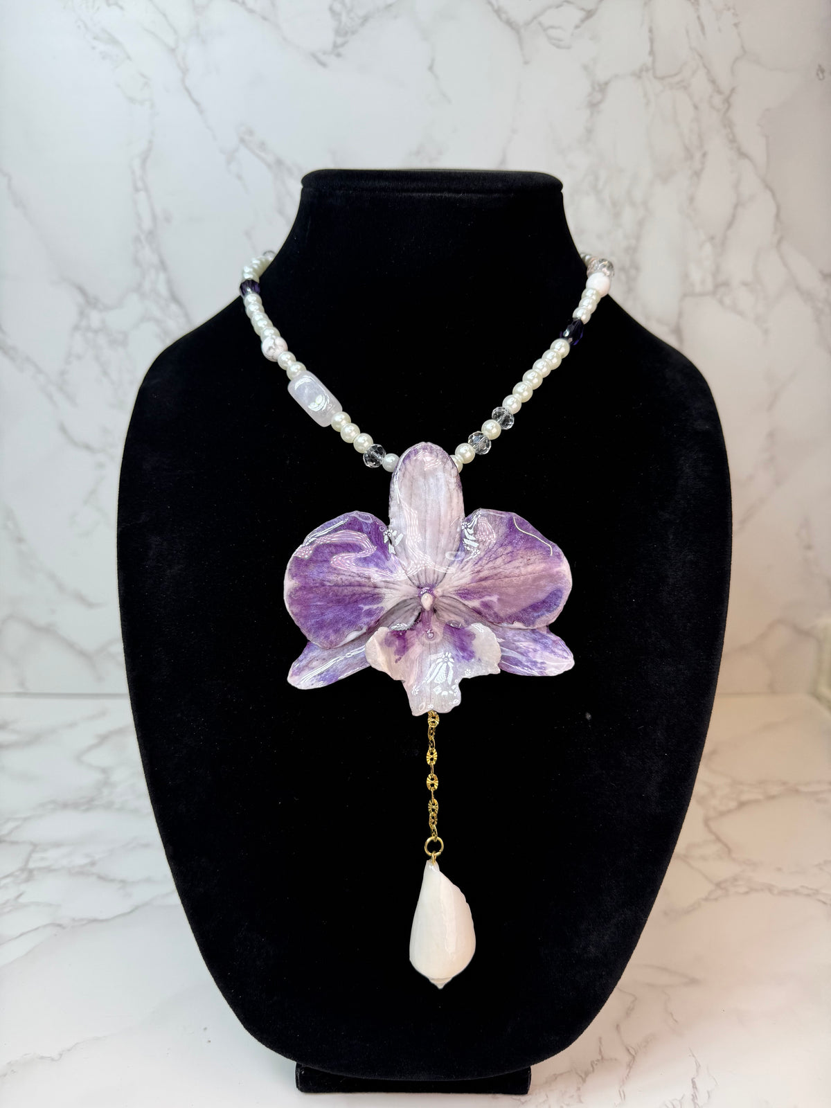 Mila  Purple & White Real Orchid Necklace | Handmade Flower Jewelry | Botanical Statement Pendant