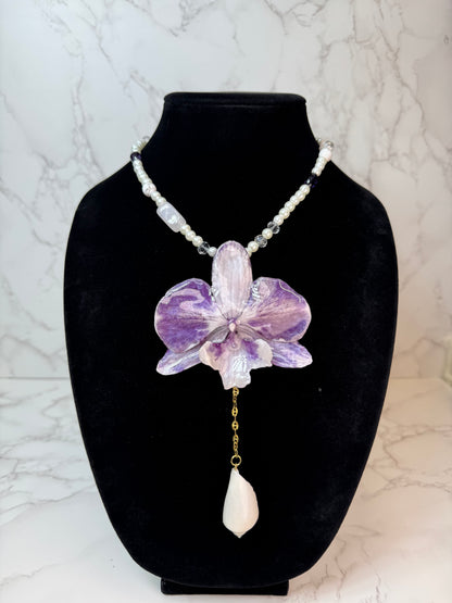 Mila  Purple & White Real Orchid Necklace | Handmade Flower Jewelry | Botanical Statement Pendant