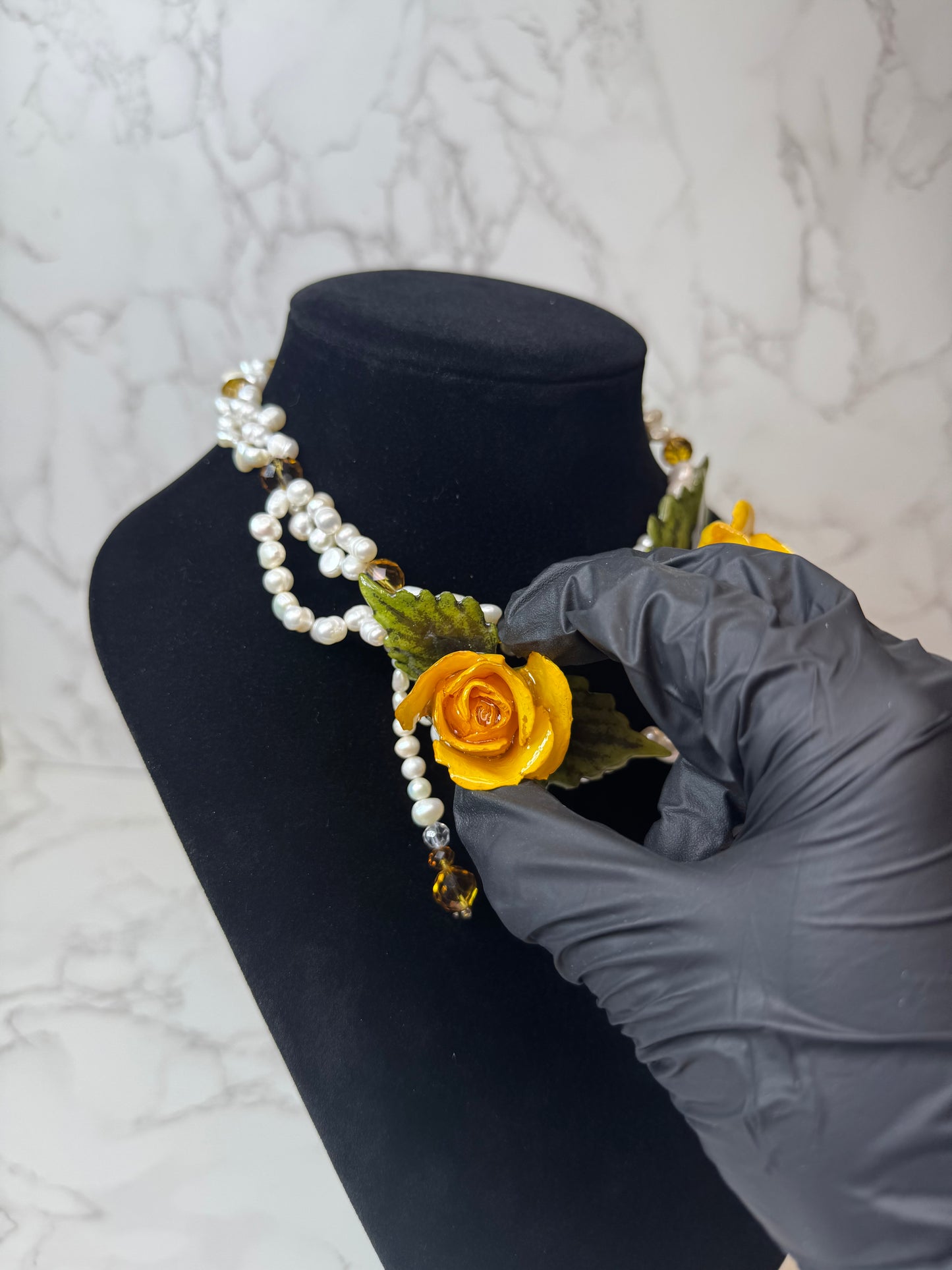 Ana Eternal Rose – Real Yellow Rose in UV Resin & Freshwater Pearl Necklace | Handmade Floral Jewelry | Made in USA