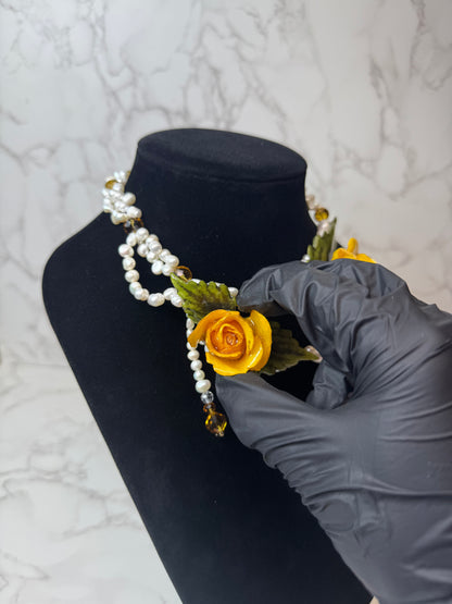 Ana Eternal Rose – Real Yellow Rose in UV Resin & Freshwater Pearl Necklace | Handmade Floral Jewelry | Made in USA