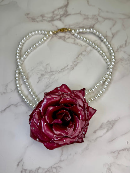 Rose Handmade Real Red Rose Necklace | Preserved Flower Jewelry with Crystal Pearl Beads | Made in USA