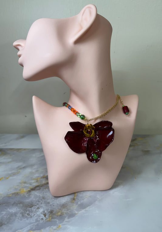 Stones Real Red Orchid Real orchid dried in silica gel and preserved in ultraviolet Resin Necklace Made with Natural Stone Accents Small red frog incorporated into the petal