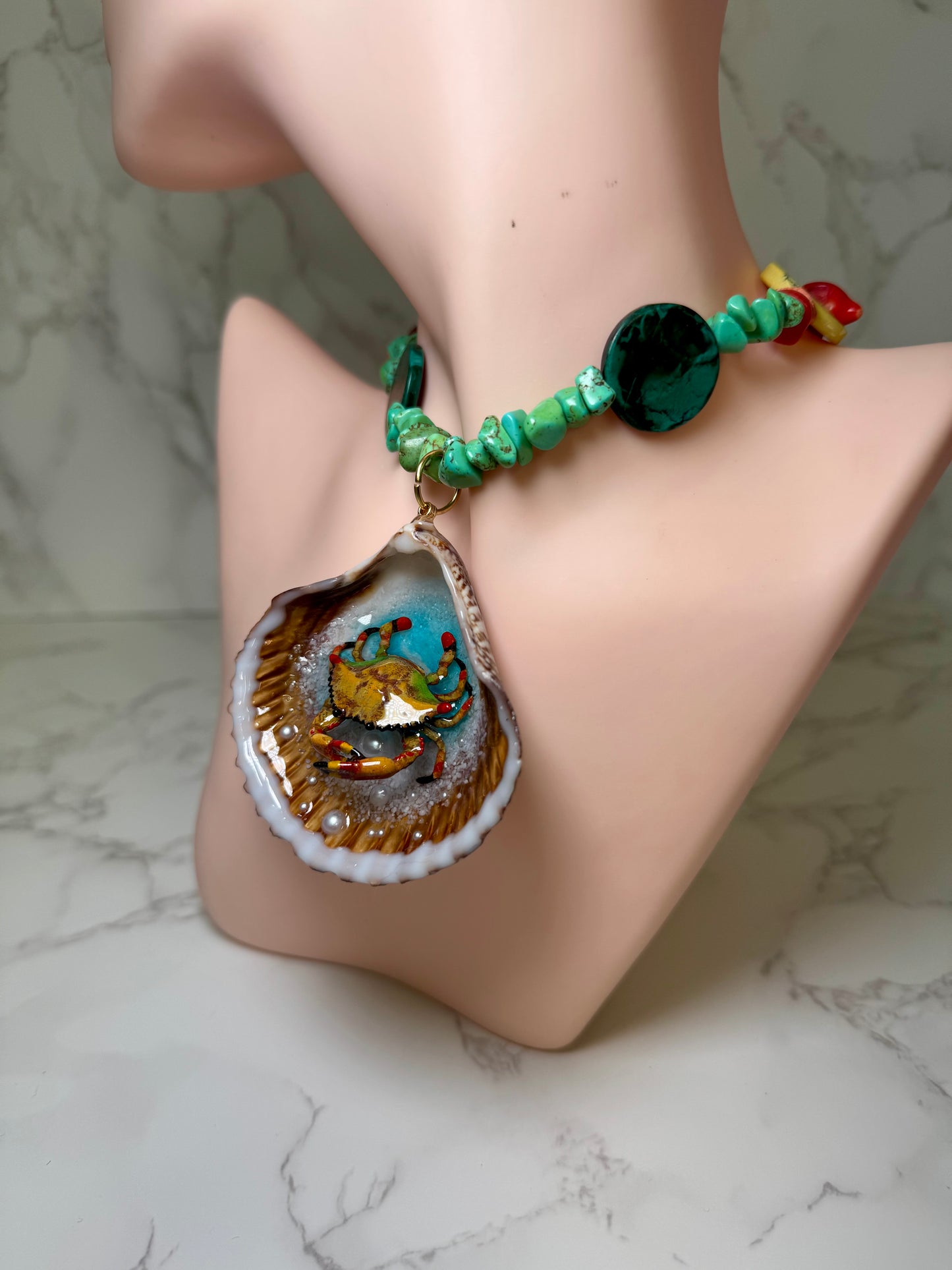 Yellow Crab Handmade Yellow and Orange Crab Necklace Encapsulated in Real Shell with UV Resin on Natural Stone Beads