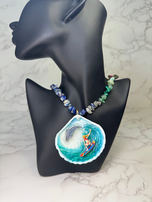 The Surfer and The Dolphin Shell Necklace - Encapsulated in Real Shell with UV Resin