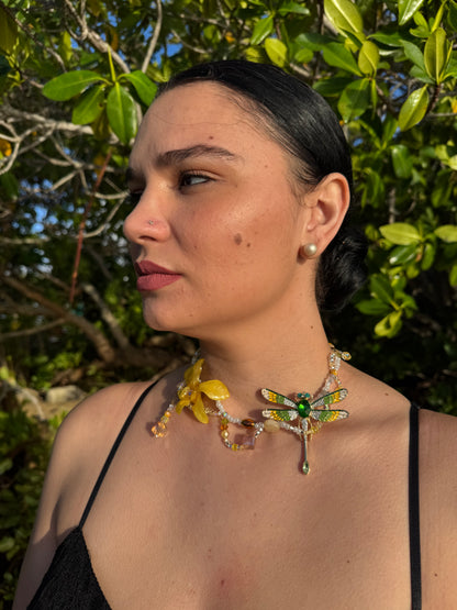 Golden Orchid Dragonfly Necklace