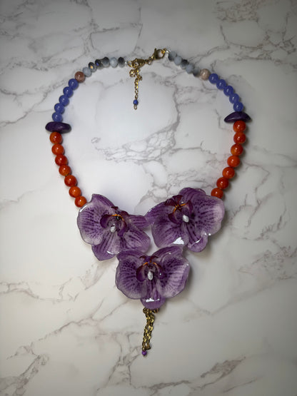 Triple Big Purple Orchid Necklace - Real Orchid Necklace – Natural Flower Preserved in Resin