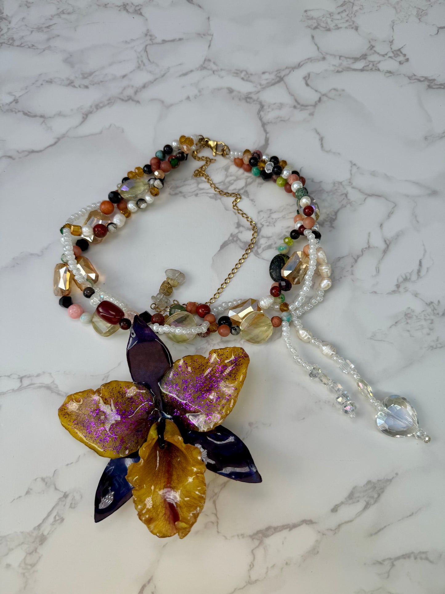 Aurora Carnival Cattleya Golden Cattleya Orchid Necklace – Purple Iridescent Petals & Multicolor Crystal & Gemstone Beads