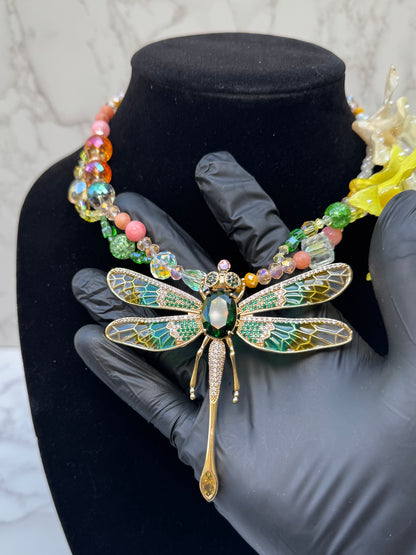Golden Dragonfly Yellow Orchid with Dragonfly – Green & Clear Crystal Necklace | Handmade Floral Jewelry