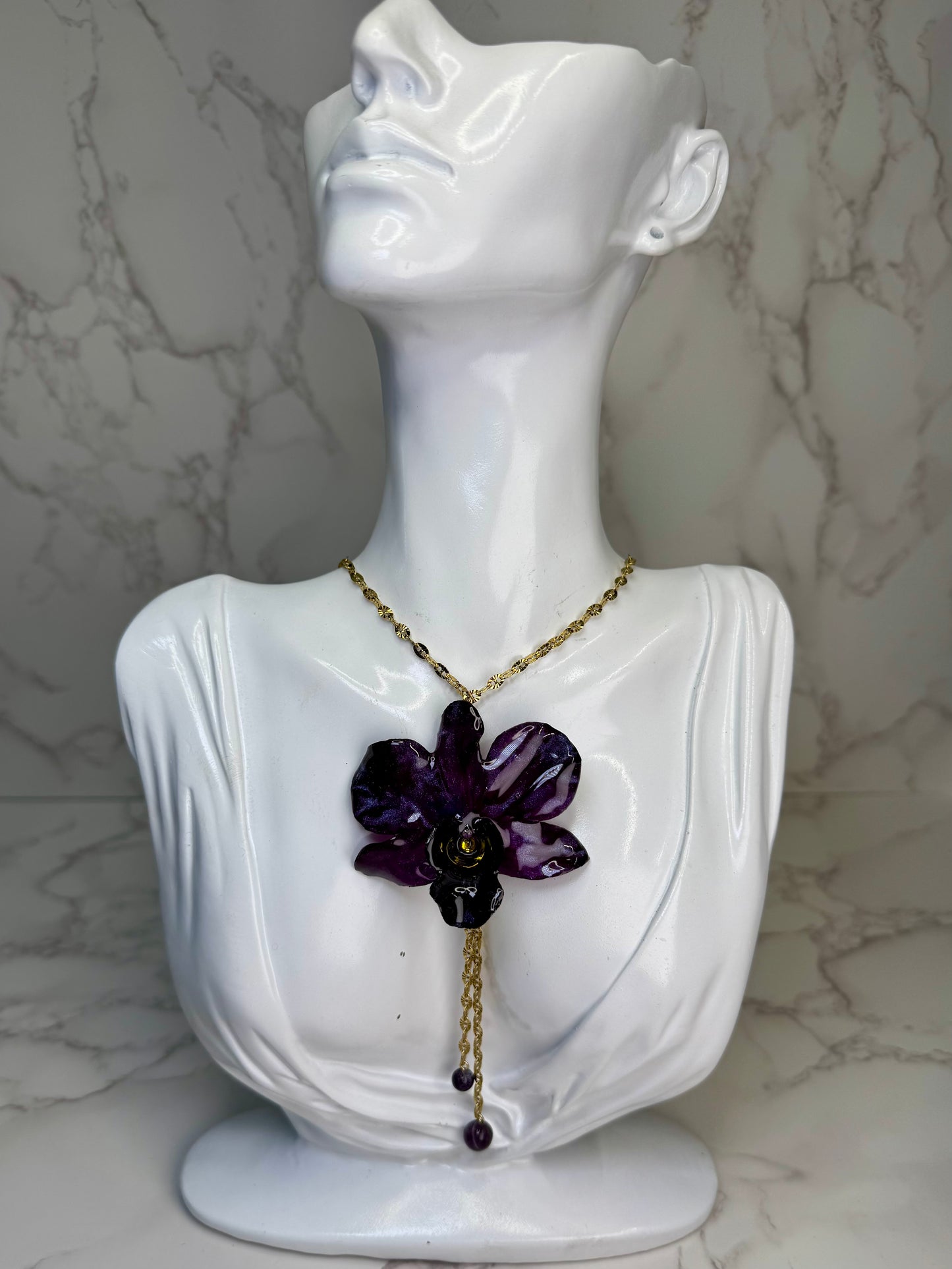 Maria  Handmade Real Mini Dark Purple Orchid Necklace | Resin Flower Jewelry | Made in USA)