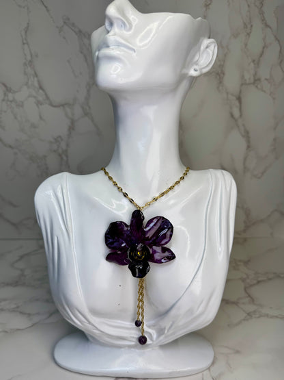 Maria  Handmade Real Mini Dark Purple Orchid Necklace | Resin Flower Jewelry | Made in USA)
