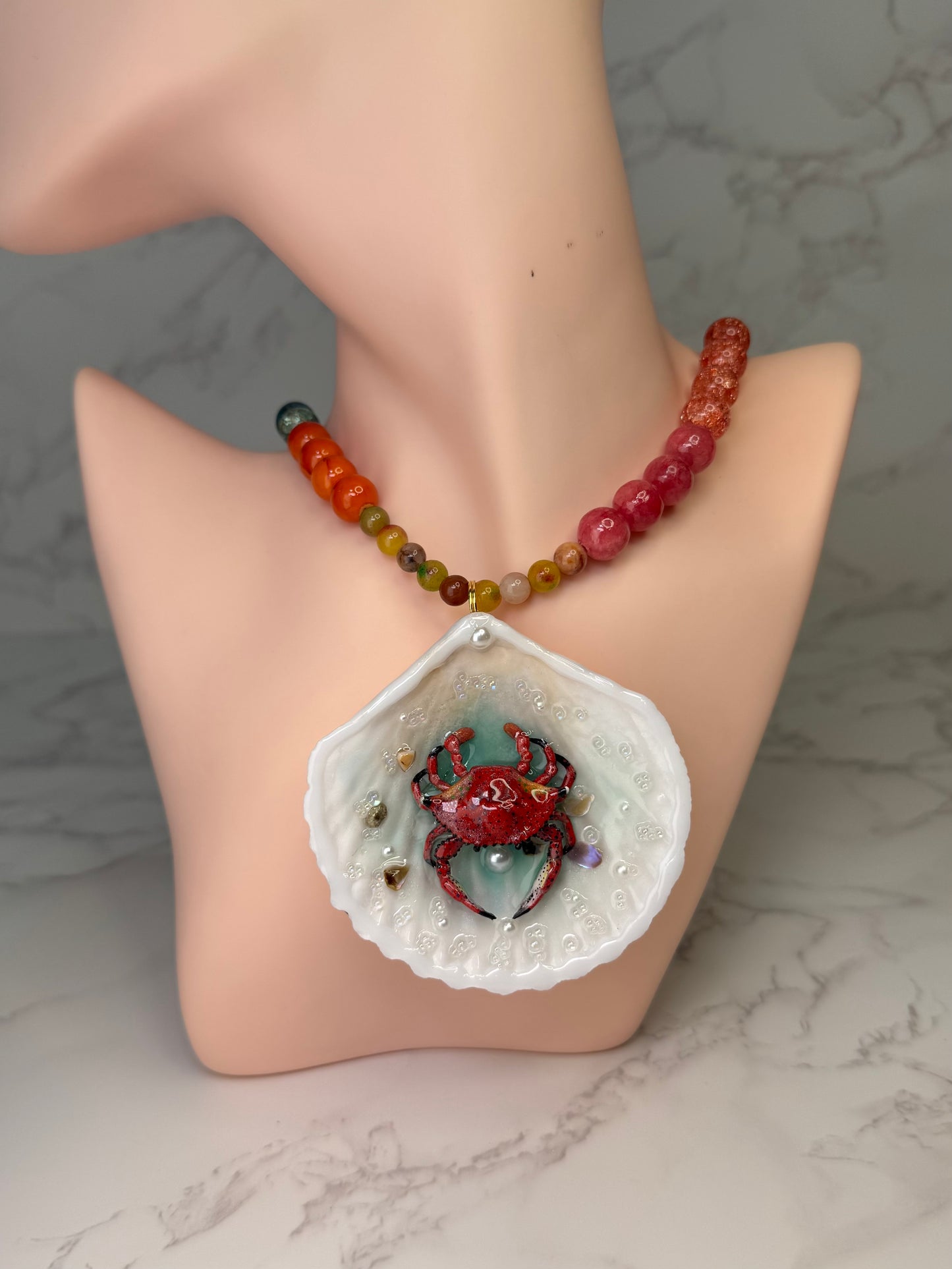 The Red Jaiba  Shell Necklace - Encapsulated in Real Shell with UV Resin