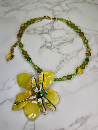 Iris Dragonfly Yellow Plumeria with Dragonfly – Clear Crystal Necklace | Handmade Floral Jewelry