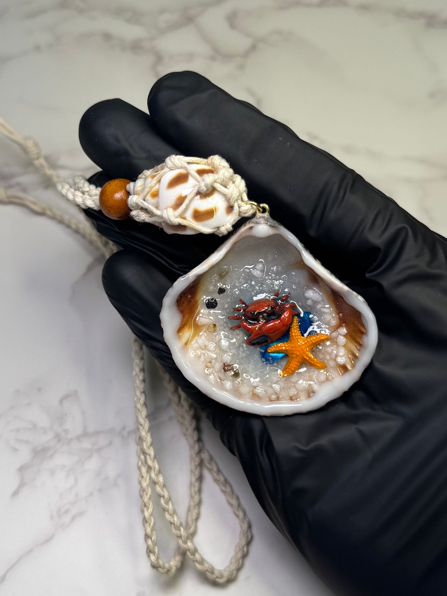 Red Crab And The Little yellow star  Shell Necklace - Encapsulated in Real Shell with UV Resin