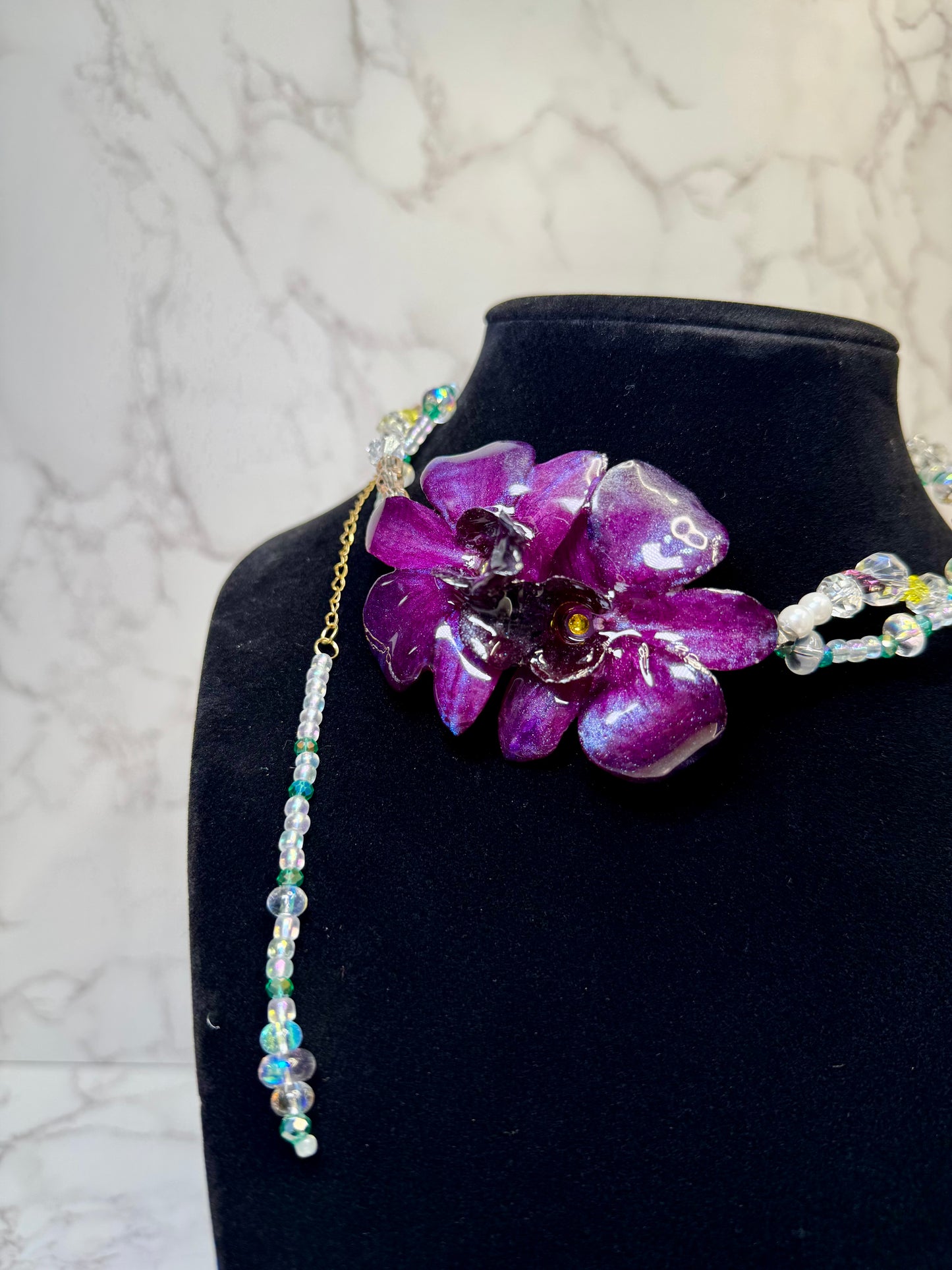 Camelia Handmade Real Mini Dark Purple Orchid Necklace | Resin Flower Jewelry | Made in USA