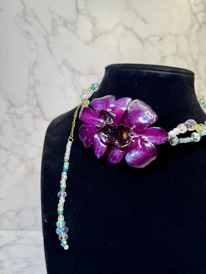 Camelia Handmade Real Mini Dark Purple Orchid Necklace | Resin Flower Jewelry | Made in USA