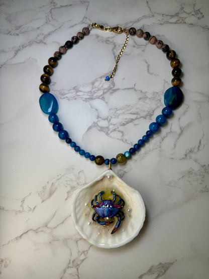 Blue Crab with Red Accents Shell Necklace - Encapsulated in Real Shell with UV Resin