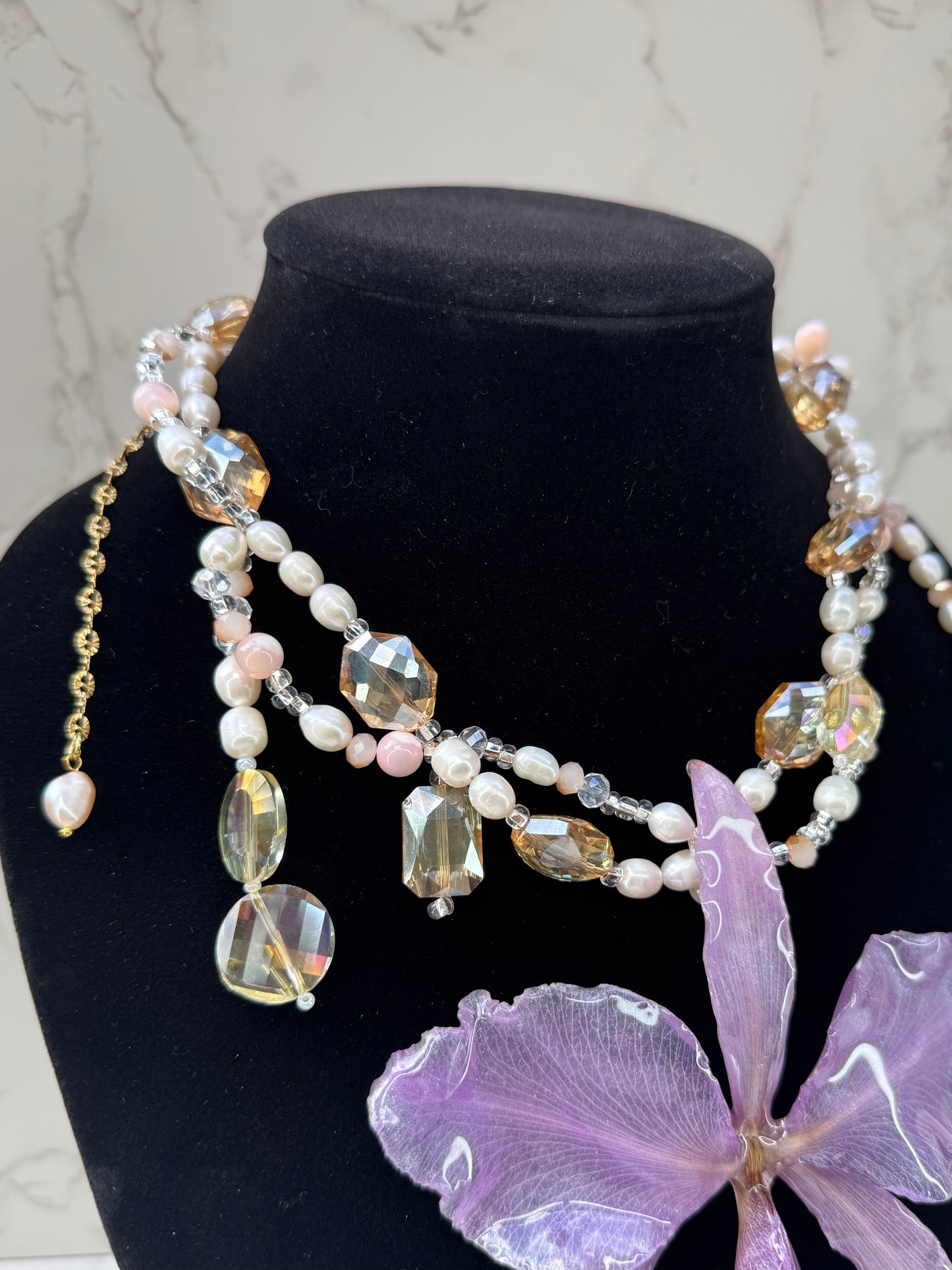 Blush Lavender Cattleya Natural Purple Cattleya Orchid Necklace – Freshwater Pearls & Crystal Beads