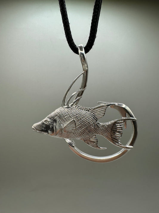 Giant Hogfish And Hook Necklace, 925 Sterling Silver