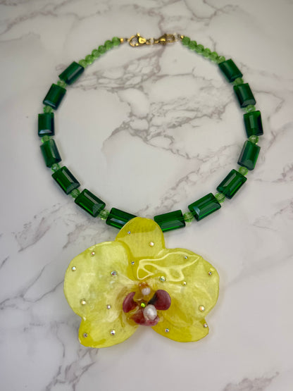 Vida Handmade Real Yellow Orchid Necklace | Green Natural Crystal Bead Jewelry | Resin Flower Pendant | Made in USA