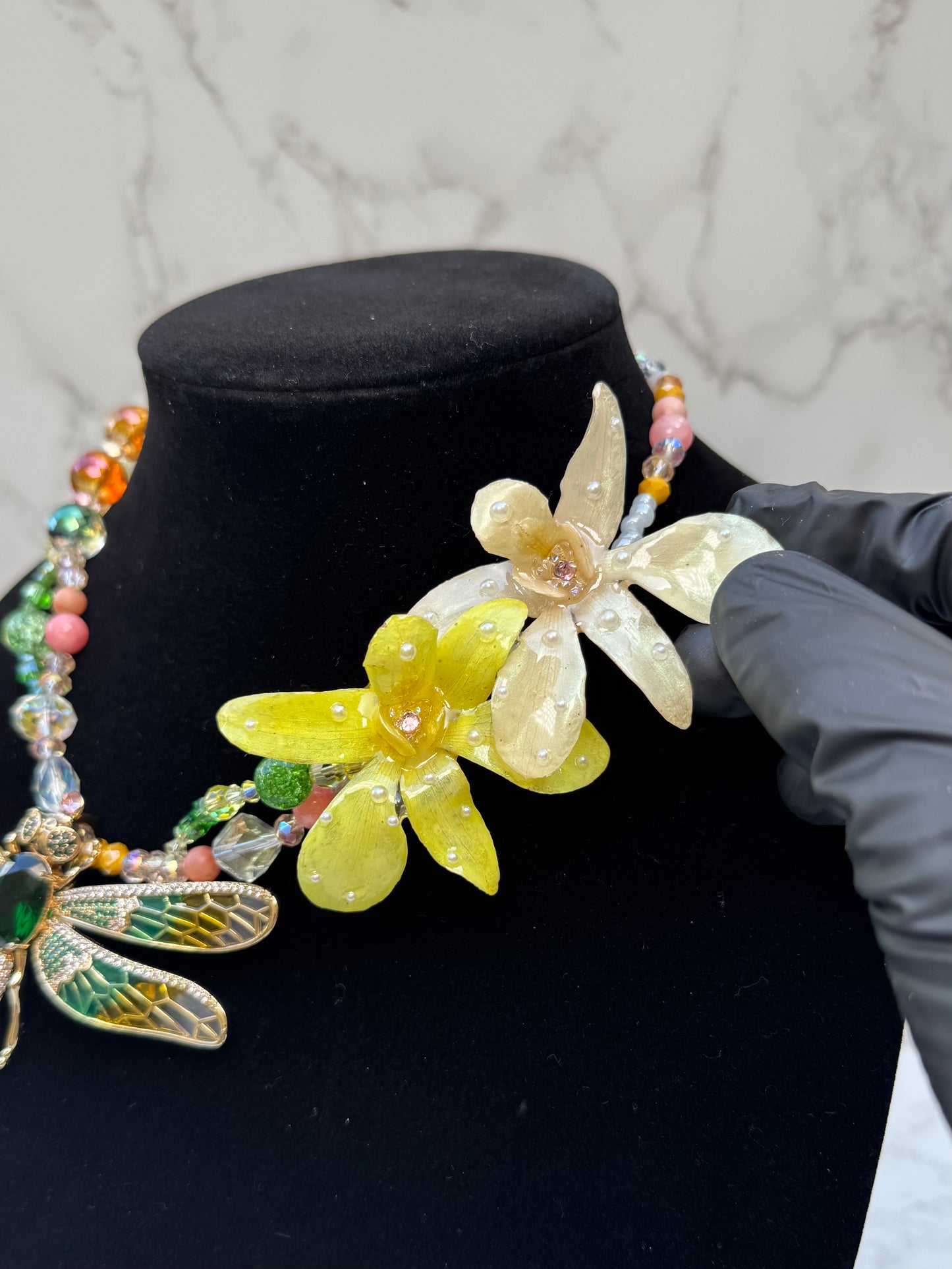 Golden Dragonfly Yellow Orchid with Dragonfly – Green & Clear Crystal Necklace | Handmade Floral Jewelry