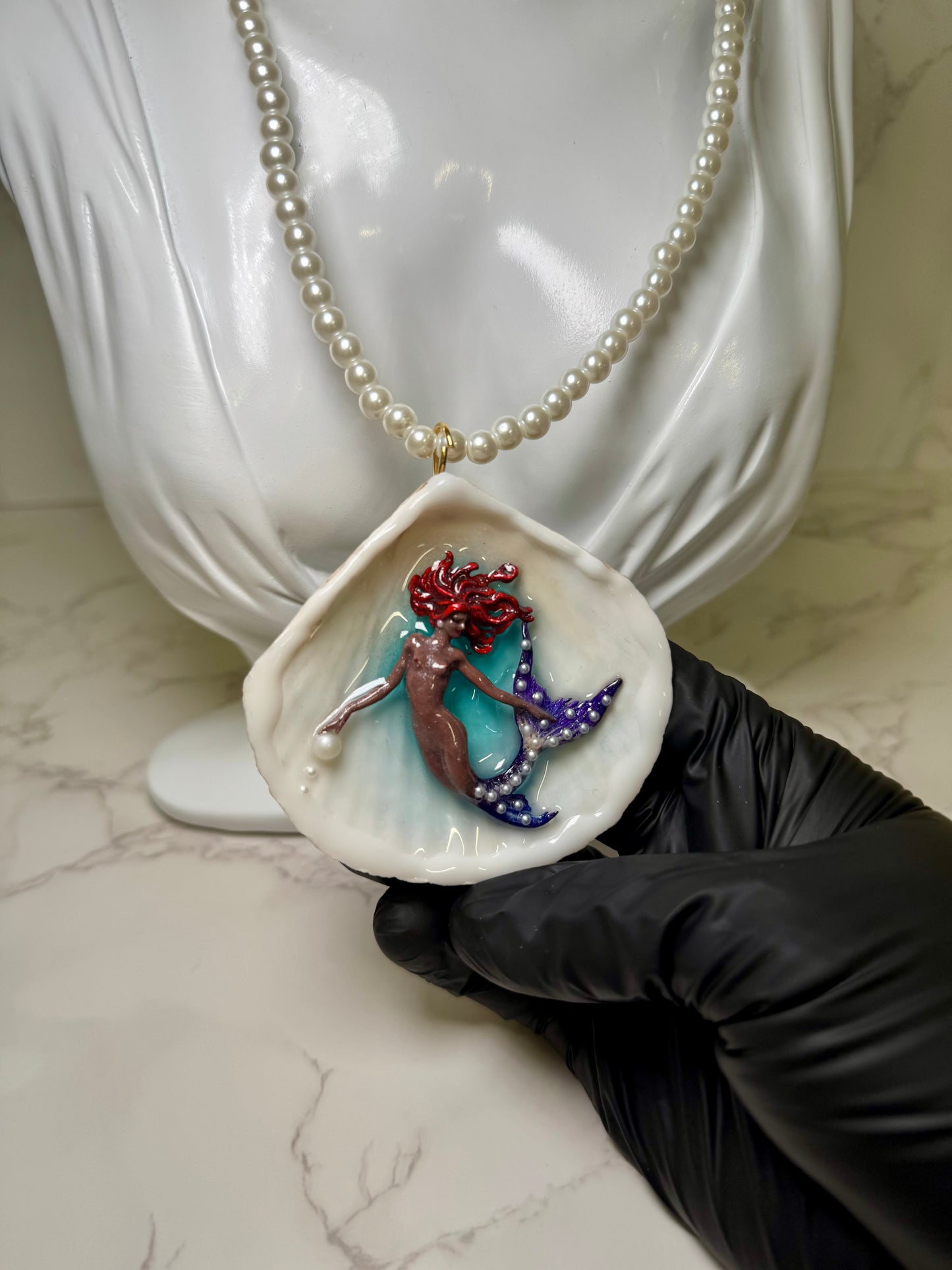 Morena Mermaid Necklace Handmade Brown-Skinned Mermaid Necklace Encapsulated in Real Shell with UV Resin on Pearl Strand