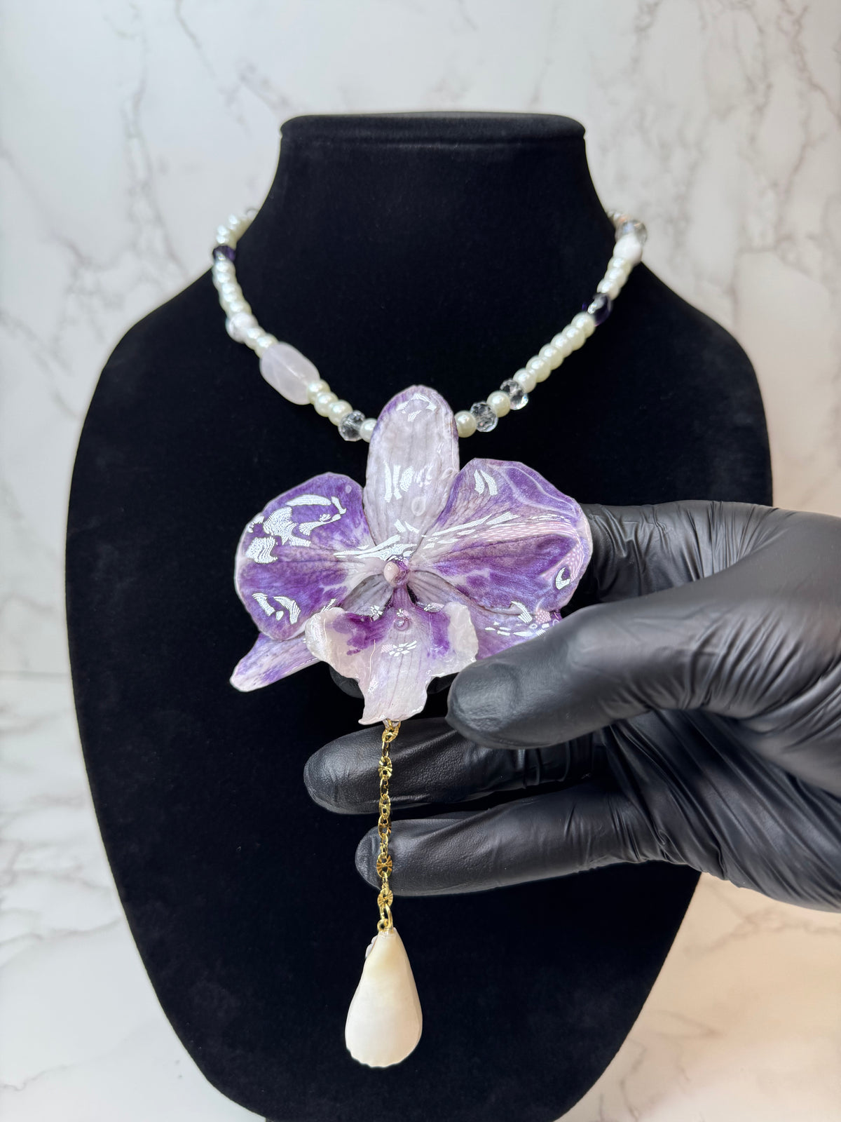 Mila  Purple & White Real Orchid Necklace | Handmade Flower Jewelry | Botanical Statement Pendant