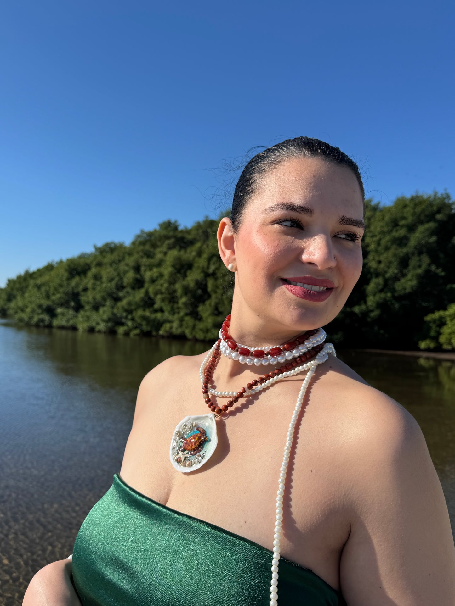 Tyrionis – LIMITED EDITION – NYFW EXHIBITION PIECE Handmade Natural Seashell Necklace with Handcrafted Brown Sea Turtle, Natural Sand, Starfish and Shell Accents, Brown, Red & Crimson Glass Beads and Crystal Pearls