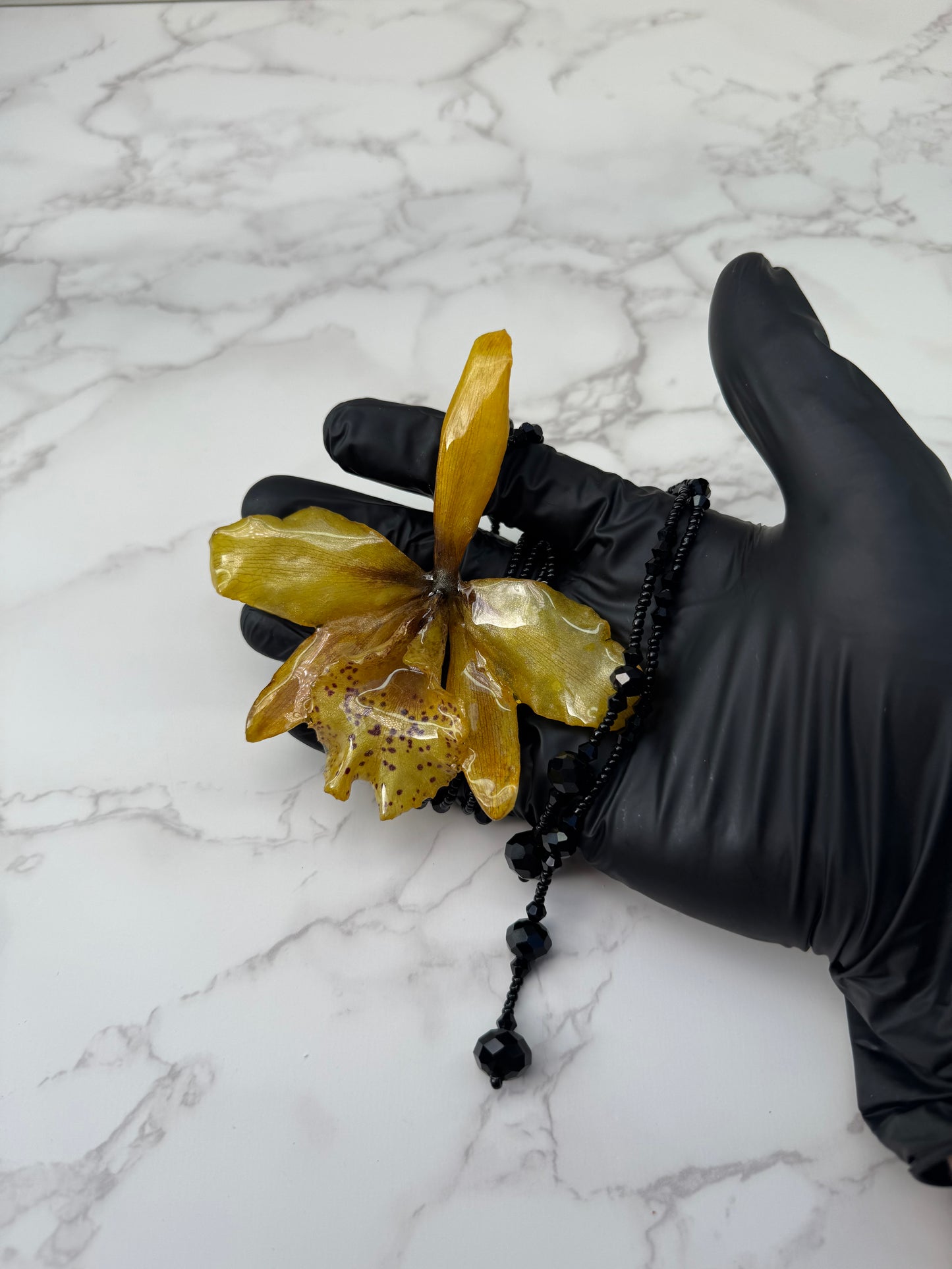 Crimson Spotted Golden Cattleya Mini Yellow Cattleya Orchid Necklace – Long Black Crystal Double Wrap Necklace