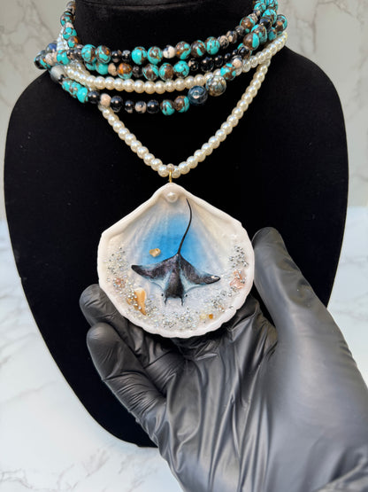 Velarion– LIMITED EDITION – NYFW EXHIBITION PIECE Handmade Natural Seashell Necklace with Giant Dark Manta Ray, Crystal and Stone Ocean Background, Translucent Black Marbled Glass Beads and Crystal Pearls