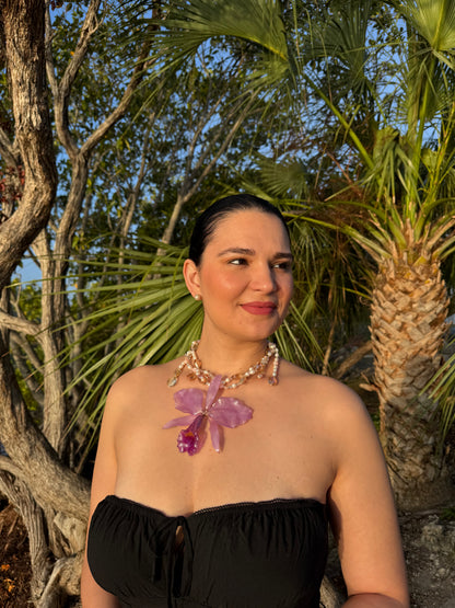 Blush Lavender Cattleya Natural Purple Cattleya Orchid Necklace – Freshwater Pearls & Crystal Beads