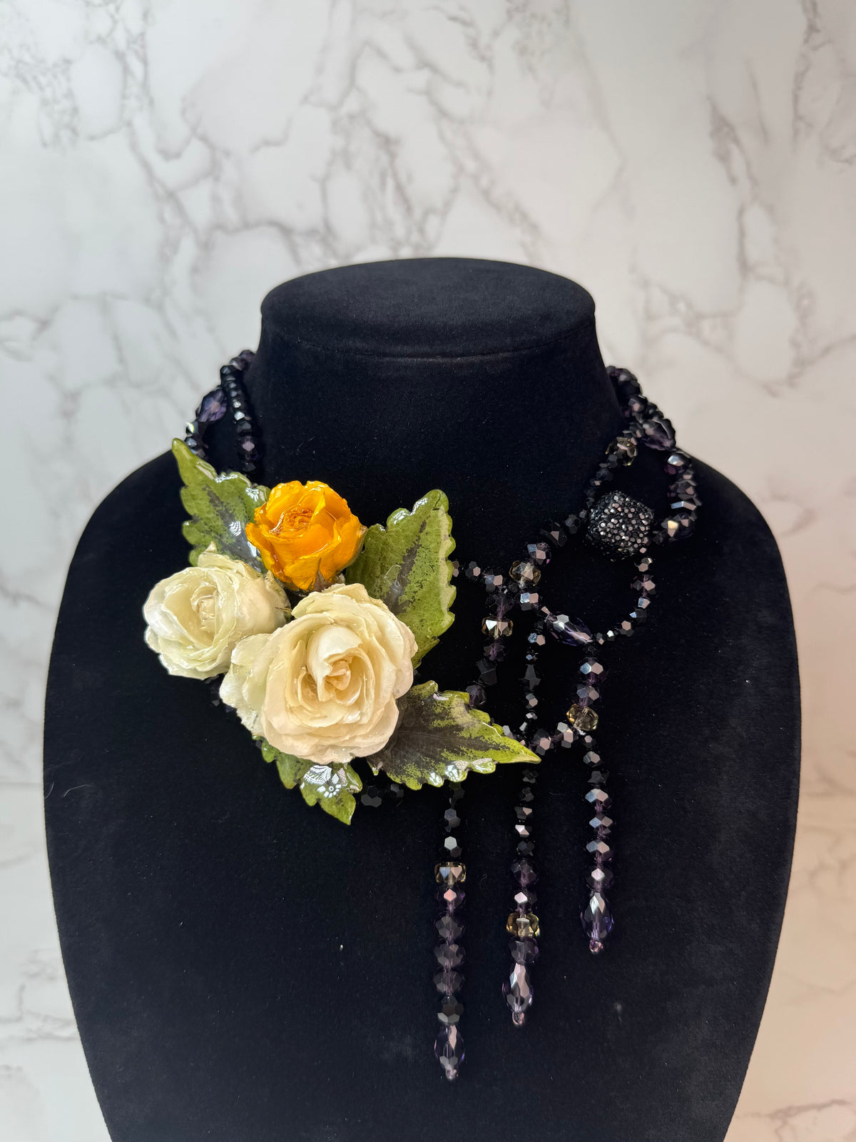 Theresa Eternal Rose – Real Yellow & White Roses in UV Resin & Black crystal Necklace | Handmade Floral Jewelry | Made in USA