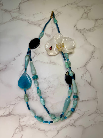 Snowpetal Ladybug Bloom Natural Flower Preserved in Resin White Real orchid flower centerpiece with a tiny red ladybug Natural Beautiful Stones Necklace