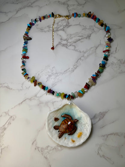 Brown Sea Turtle Shell Necklace - Encapsulated in Real Shell with UV Resin